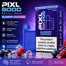 Pixl 8000 Blueberry Sour Razz refill pack featuring a prefilled pod and refill container with sweet blueberry and tangy sour raspberry flavour, delivering up to 8000 puffs.