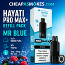 Hayati Pro Max+ Mr Blue refill pack featuring blackberry, blueberry and raspberry flavours with a refreshing finish.