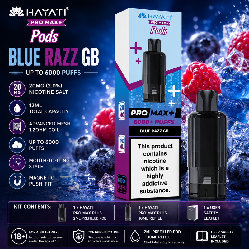 Hayati Pro Max+ Pods Blue Razz GB 6000 Puffs | Vape Pods UK Hayati Pro Max+ Pods Blue Razz GB 6000 Puffs | Vape Pods UK