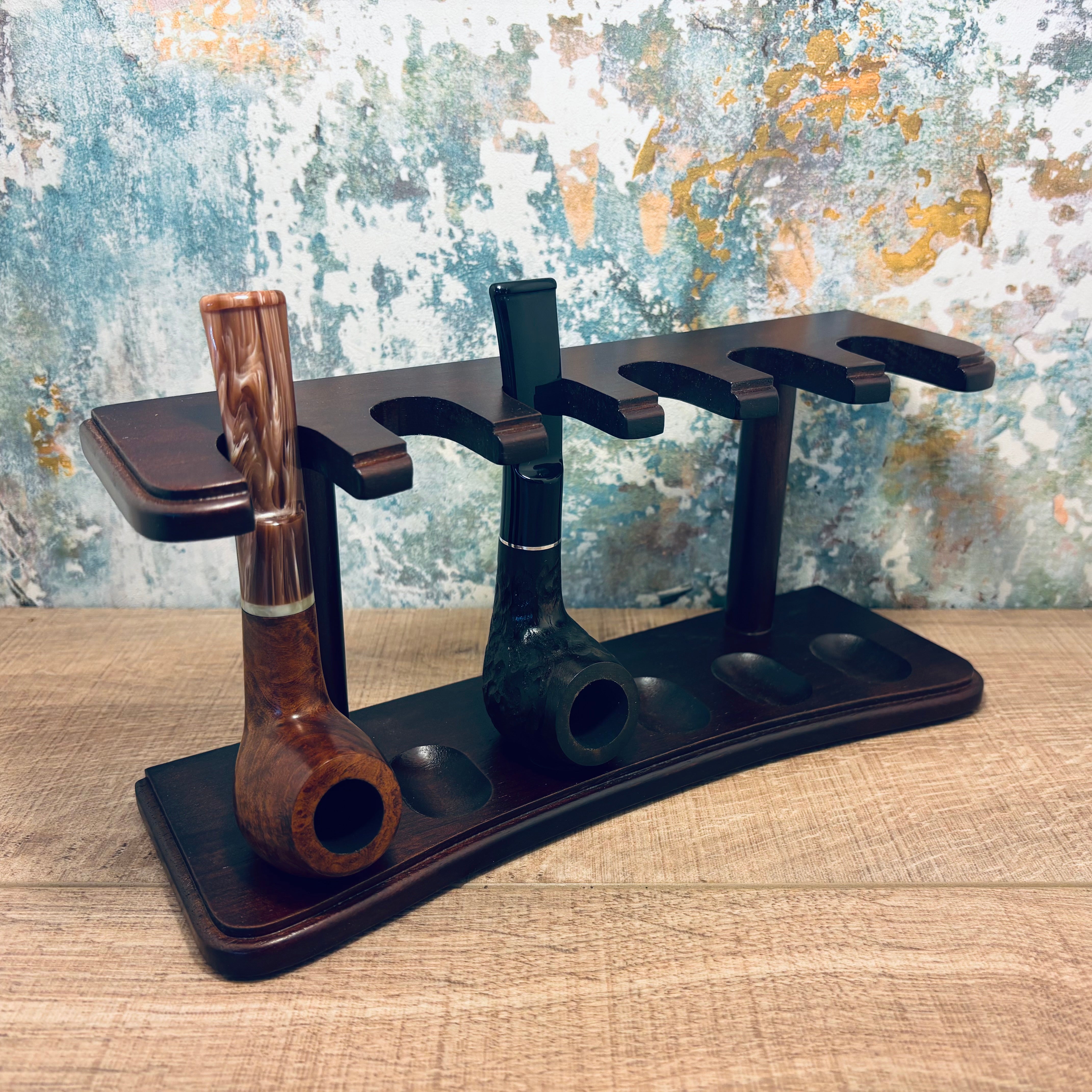 6-Slot Wooden Pipe Rack | Pipe Display Stand for Bent & Straight Pipes