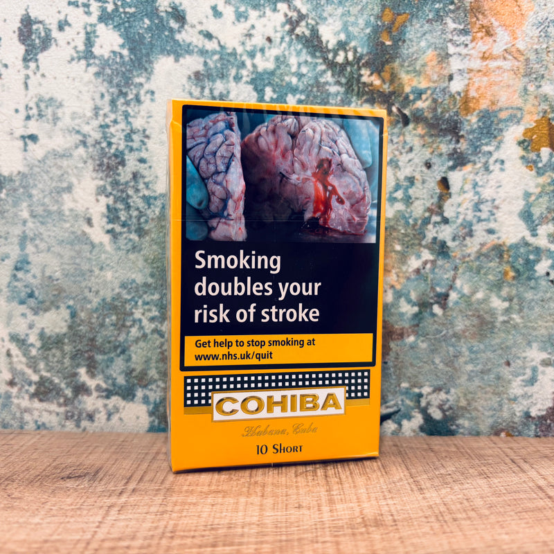 Cohiba Short Cigars package with health warning label on a textured surface